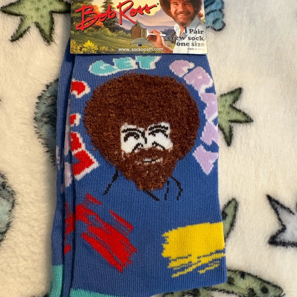 Bob Ross unisex Artistic Crew Socks - Blue and Multicolor